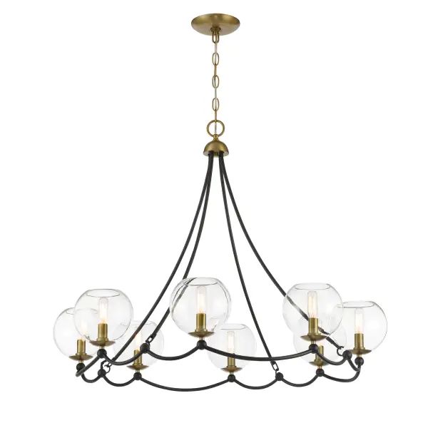 The Kearney Park chandelier combines coal black steel with soft brass accents and clear glass shades for a striking modern aesthetic. Its 35-inch width and 8-light configuration provide substantial illumination perfect for dining rooms and kitchen islands.