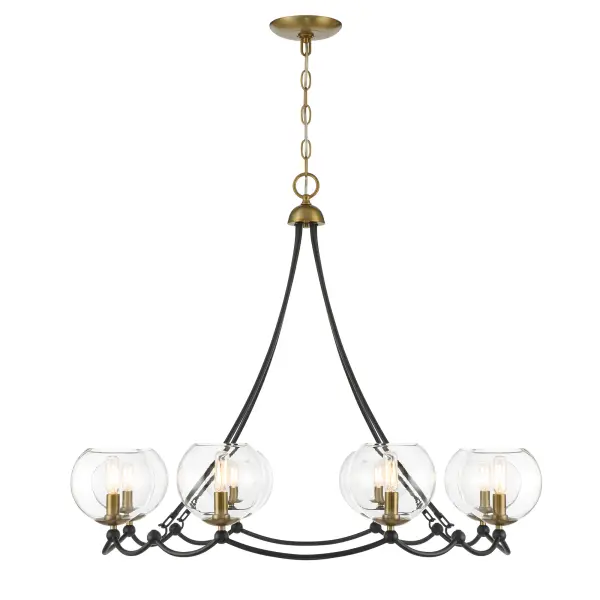 The Kearney Park chandelier combines coal black steel with soft brass accents and clear glass shades for a striking modern aesthetic. Its 35-inch width and 8-light configuration provide substantial illumination perfect for dining rooms and kitchen islands. - alternate view