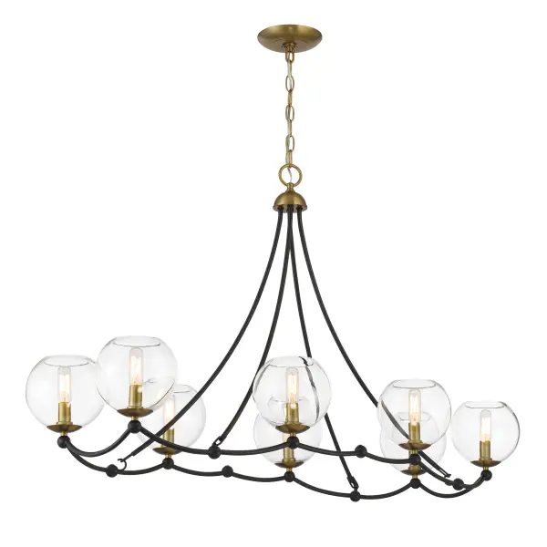 The Kearney Park brings bold character to kitchen islands and dining spaces with its coal black finish, soft brass accents, and clear glass shades. Eight candelabra bulbs provide ample illumination while the linear design creates visual balance over long surfaces.