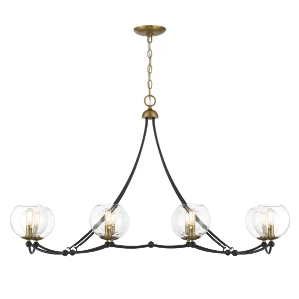 The Kearney Park brings bold character to kitchen islands and dining spaces with its coal black finish, soft brass accents, and clear glass shades. Eight candelabra bulbs provide ample illumination while the linear design creates visual balance over long surfaces. - alternate view