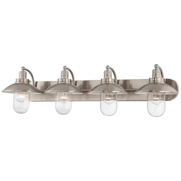 The Downtown Edison 4-Light Bath brings industrial-chic style to larger bathrooms with its 38.5-inch span and exposed Edison bulb design. Brushed nickel finish and clear glass shades create a contemporary look that works beautifully in modern and transitional spaces.