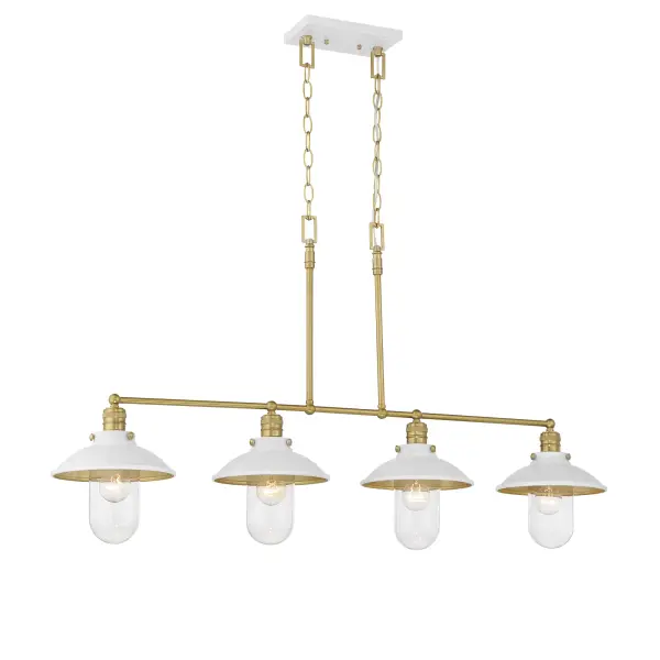 The Downtown Edison brings vintage-inspired Edison bulb style to contemporary spaces with its clean white and soft brass finish. Perfect for kitchen islands and dining areas, this 4-light fixture balances industrial character with refined transitional design.