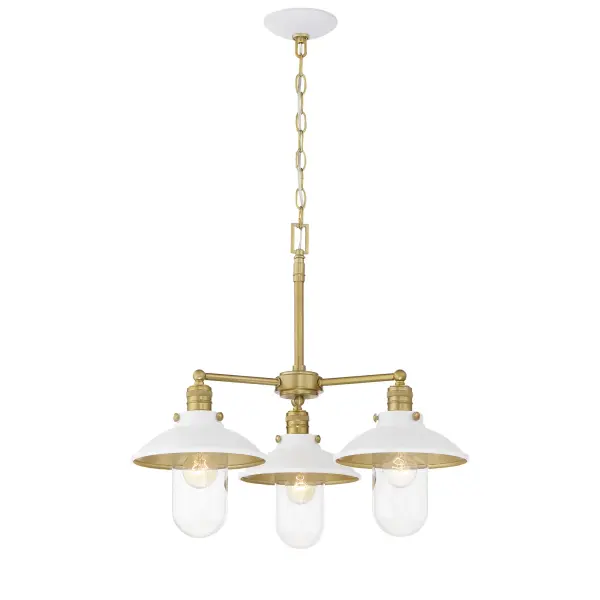 This 3-light chandelier blends industrial Edison-style bulbs with refined white and soft brass finishes, creating a versatile fixture that bridges traditional and contemporary design. Perfect for dining spaces seeking warm, ambient lighting.