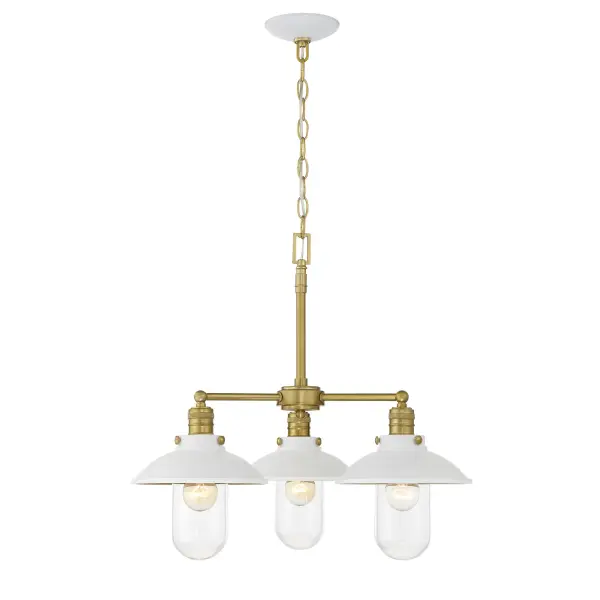 This 3-light chandelier blends industrial Edison-style bulbs with refined white and soft brass finishes, creating a versatile fixture that bridges traditional and contemporary design. Perfect for dining spaces seeking warm, ambient lighting. - alternate view