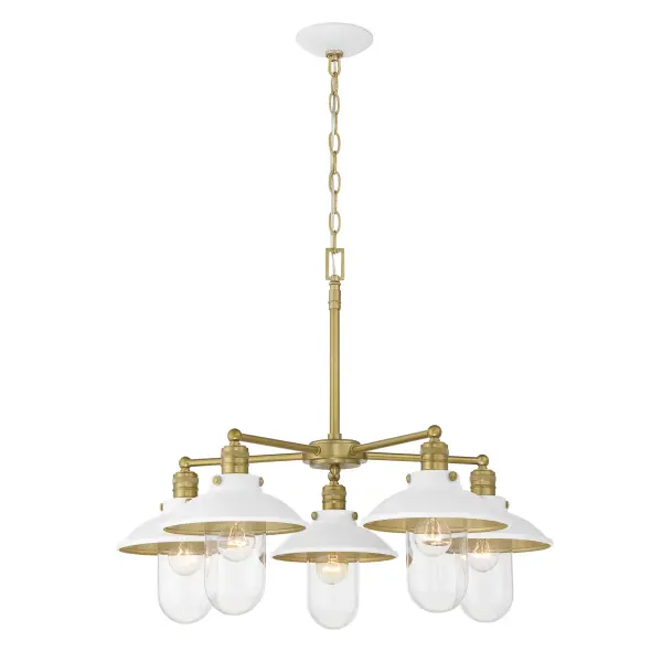 The Downtown Edison chandelier blends industrial Edison-style lighting with refined transitional design. Five exposed bulbs behind clear glass shades create warm ambient light, while the white and soft brass finish adds sophistication.