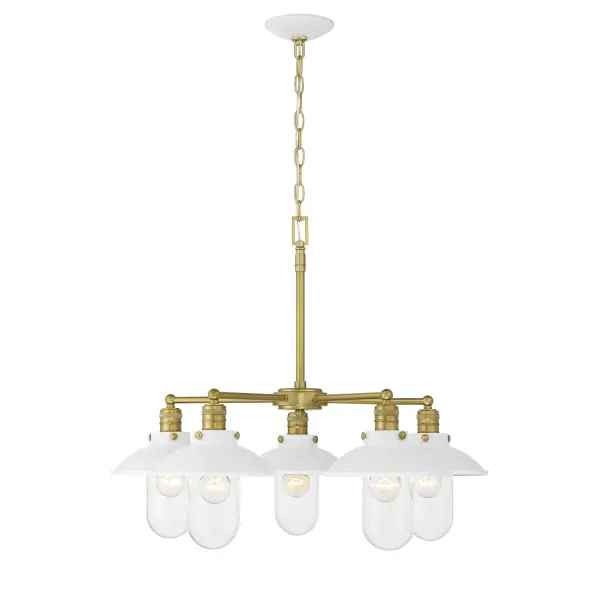 The Downtown Edison chandelier blends industrial Edison-style lighting with refined transitional design. Five exposed bulbs behind clear glass shades create warm ambient light, while the white and soft brass finish adds sophistication. - alternate view