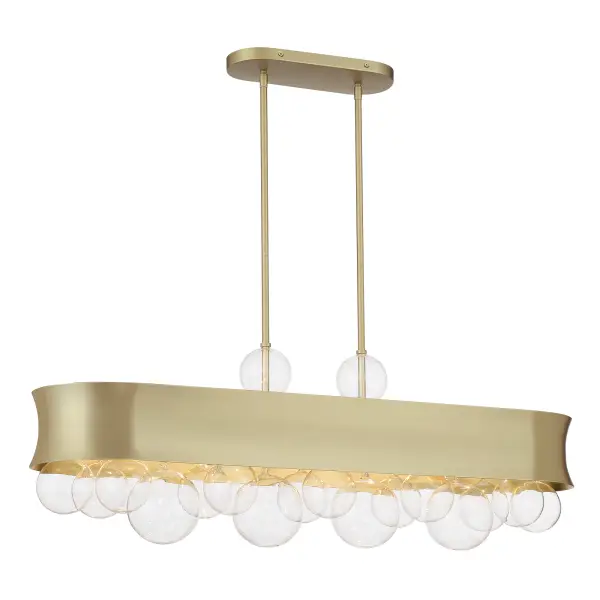 The Verdi Square by Robin Baron brings sophisticated contemporary style to kitchen islands and dining spaces. Its 38.75-inch linear design features six candelabra lights behind clear glass, all finished in warm Soft Gold that adds luxury without overwhelming.