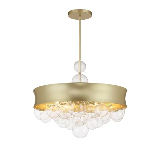 The Verdi Square by Robin Baron combines sophisticated transitional design with versatile convertible mounting. Its soft gold finish and clear glass shades create an elegant focal point perfect for dining rooms and entryways.