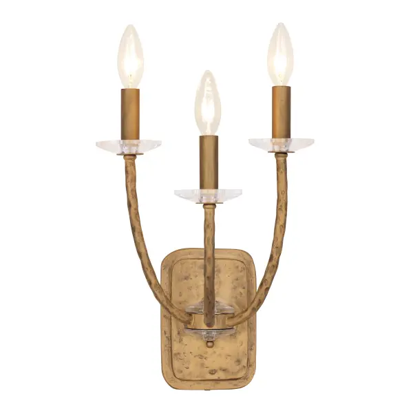 The Atella wall sconce combines hammered metalwork in Ashen Gold with faceted crystal bobeches for a refined traditional look. Its compact 10-inch width makes it ideal for bathrooms, hallways, and powder rooms.