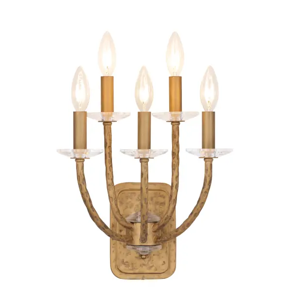 The Atella 5-Light Wall Sconce combines traditional elegance with artisanal craftsmanship. Featuring hammered arms and backplate in Ashen Gold finish with clear faceted crystal bobeches, it delivers sophisticated ambient lighting.