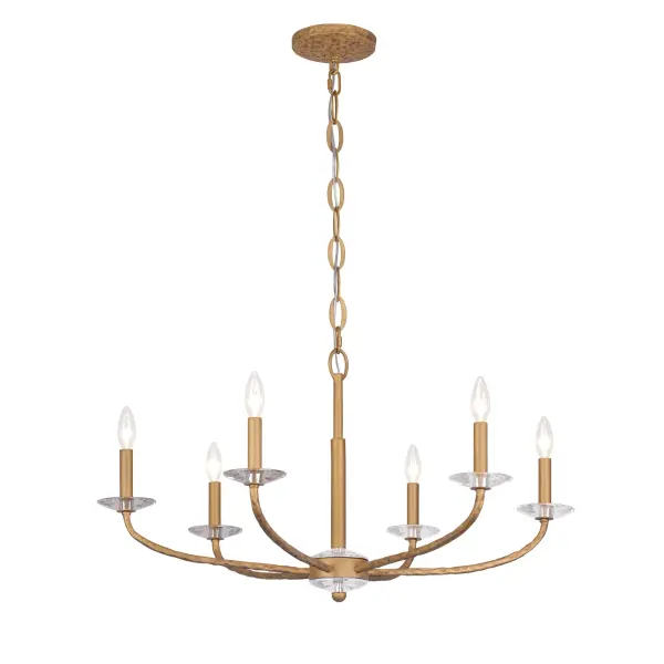 The Atella chandelier combines classic candelabra styling with refined hammered metalwork and faceted crystal accents. Its 32-inch width makes it versatile for medium-sized spaces, while the Ashen Gold finish adds warmth and sophistication.
