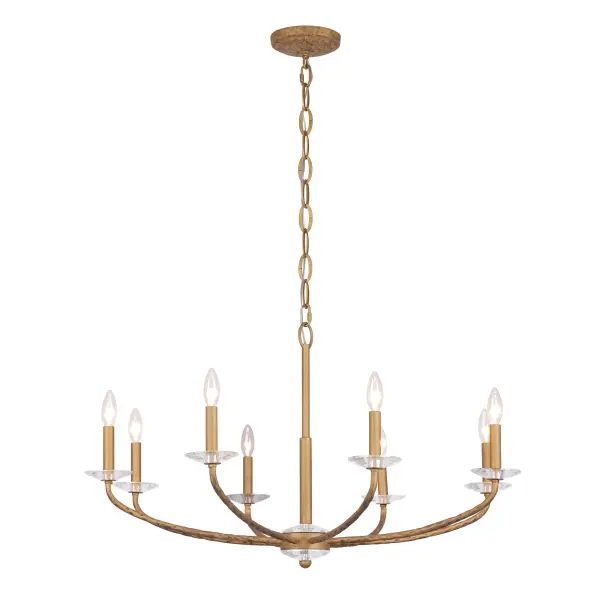 The Atella chandelier combines traditional elegance with artisanal craftsmanship. Featuring eight candelabra lights, hammered arms in Ashen Gold finish, and faceted crystal bobeches, this 36-inch fixture creates sophisticated ambiance.