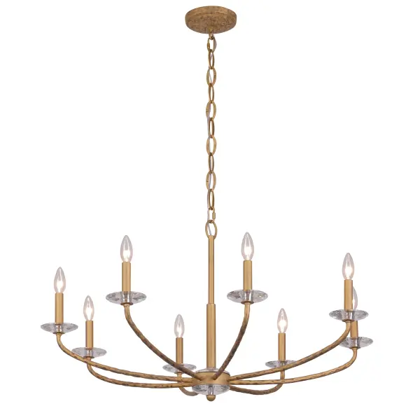 The Atella chandelier combines traditional elegance with artisanal craftsmanship. Featuring eight candelabra lights, hammered arms in Ashen Gold finish, and faceted crystal bobeches, this 36-inch fixture creates sophisticated ambiance. - alternate view