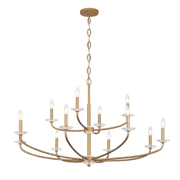 The Atella 12-light chandelier makes a stunning statement with its 48-inch span and elegant Ashen Gold finish. Hammered arms and faceted crystal bobeches create sophisticated light play, while the generous 72-inch chain allows flexible installation in high-ceiling spaces.