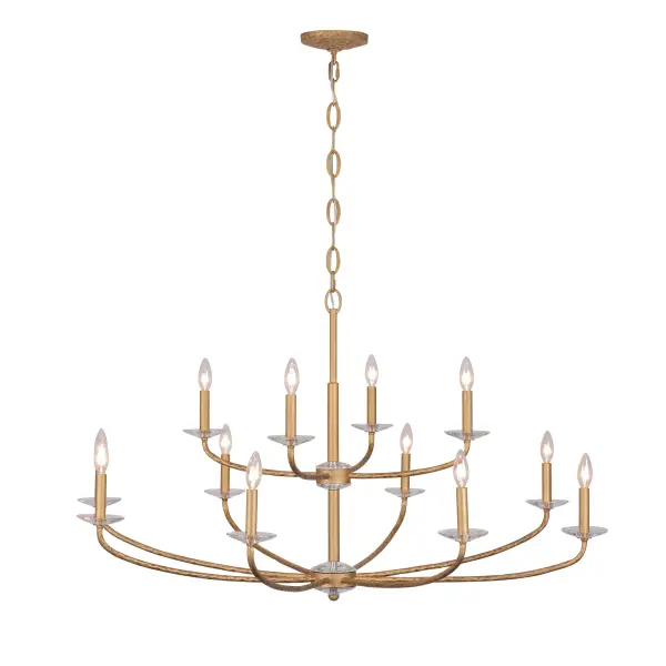 The Atella 12-light chandelier makes a stunning statement with its 48-inch span and elegant Ashen Gold finish. Hammered arms and faceted crystal bobeches create sophisticated light play, while the generous 72-inch chain allows flexible installation in high-ceiling spaces. - alternate view