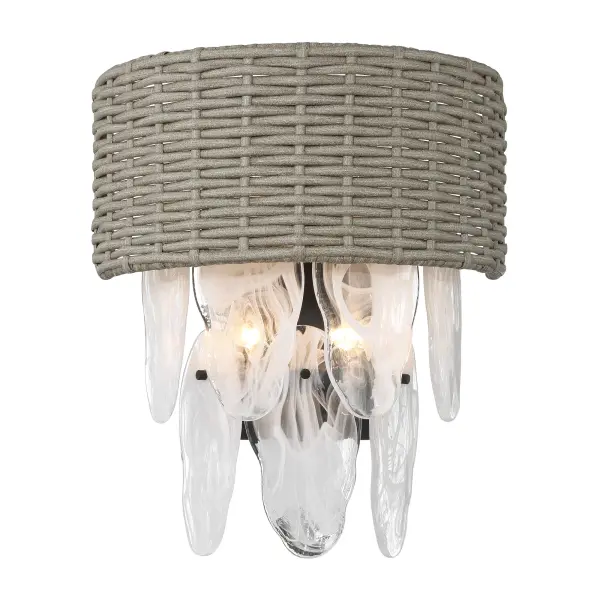 The Breakers Isle 4-Light Wall Sconce brings coastal charm indoors with its PE rattan shade and coal black finish. Four candelabra bulbs provide ample illumination through white swirl glass diffusers, creating warm ambient lighting perfect for bathrooms and bedrooms. - alternate view