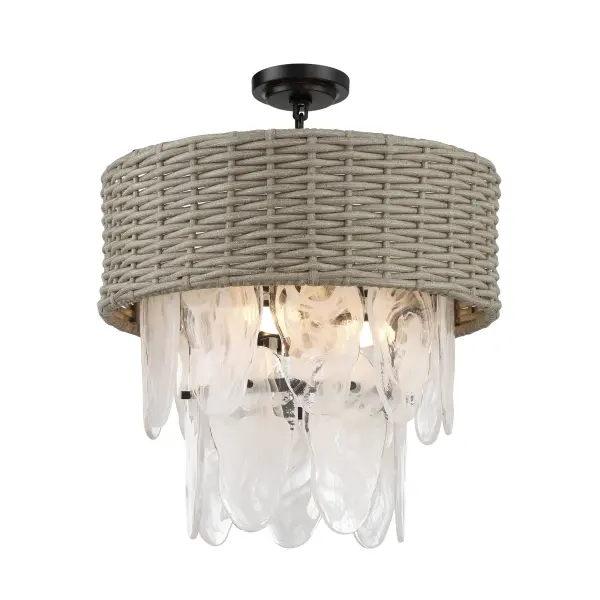 The Breakers Isle brings relaxed coastal elegance with its handwoven rattan shade and coal black finish. Six candelabra bulbs provide ample illumination through white swirl glass diffusers, while the convertible design adapts to various ceiling heights.