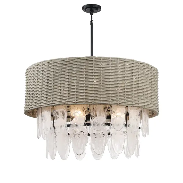 The Breakers Isle pendant brings coastal elegance with its handwoven rattan shade and coal black finish. Nine candelabra bulbs provide ample illumination while white swirl glass diffuses light beautifully. Perfect for creating a relaxed yet sophisticated ambiance.