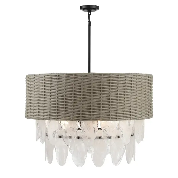 The Breakers Isle pendant brings coastal elegance with its handwoven rattan shade and coal black finish. Nine candelabra bulbs provide ample illumination while white swirl glass diffuses light beautifully. Perfect for creating a relaxed yet sophisticated ambiance. - alternate view