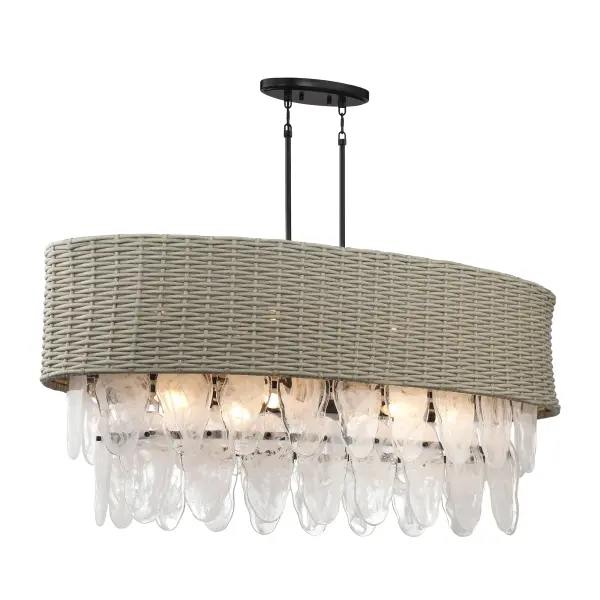 The Breakers Isle brings relaxed coastal elegance with 12 lights wrapped in natural PE rattan shades. Its 48-inch linear design and coal black finish create striking contrast perfect for kitchen islands and dining spaces.