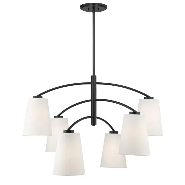 The Headington chandelier combines sleek coal black steel with crisp white linen shades for a striking modern aesthetic. Its 40-inch linear design makes it perfect for dining tables and kitchen islands. - alternate view