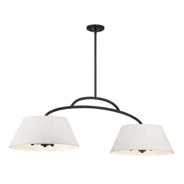 The Headington brings sophisticated modern style to kitchen islands and dining spaces with its clean linear form, coal black finish, and crisp white linen shades. Six candelabra lights provide ample illumination across a 48-inch span. - alternate view