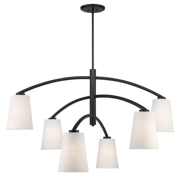 The Headington chandelier makes a bold statement with its 54-inch linear design and six fabric-shaded lights. The coal black finish paired with white linen shades creates sophisticated contrast perfect for contemporary spaces. - alternate view