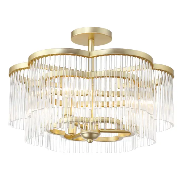The Azura semi-flush mount combines contemporary styling with timeless brass finish and prismatic crystal rods. Its compact 20-inch width makes it ideal for smaller spaces while delivering sophisticated illumination.
