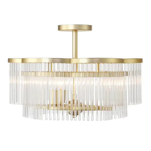 The Azura semi-flush mount combines contemporary styling with timeless brass finish and prismatic crystal rods. Its compact 20-inch width makes it ideal for smaller spaces while delivering sophisticated illumination. - alternate view