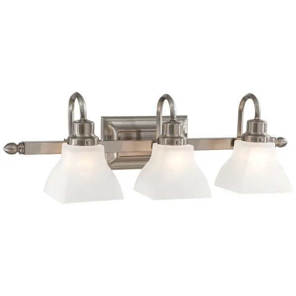 The Mission Ridge 3-Light Bath fixture brings traditional craftsmanship to modern bathrooms. Its brushed nickel finish and glass shades provide excellent task lighting while complementing a wide range of décor styles.
