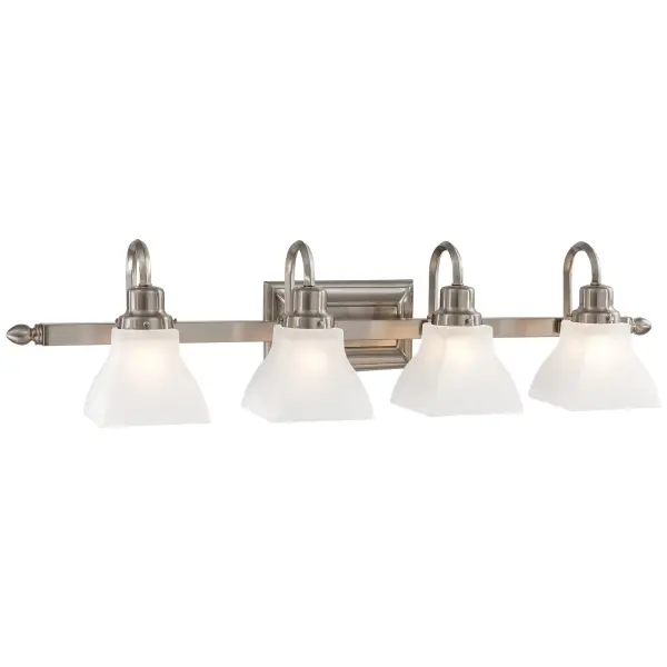 The Mission Ridge 4-Light Bath fixture combines traditional craftsmanship with practical functionality. Its 33.5-inch span and brushed nickel finish provide elegant illumination for medium to large vanities.