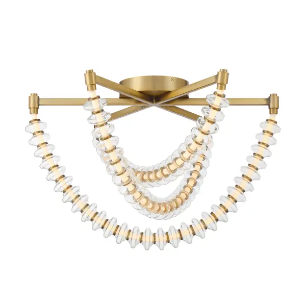 The Pearl flush mount combines contemporary elegance with practical functionality. Its 28-inch diameter and Legacy Brass finish create a striking focal point, while integrated LED technology delivers 2700 lumens of high-quality light.