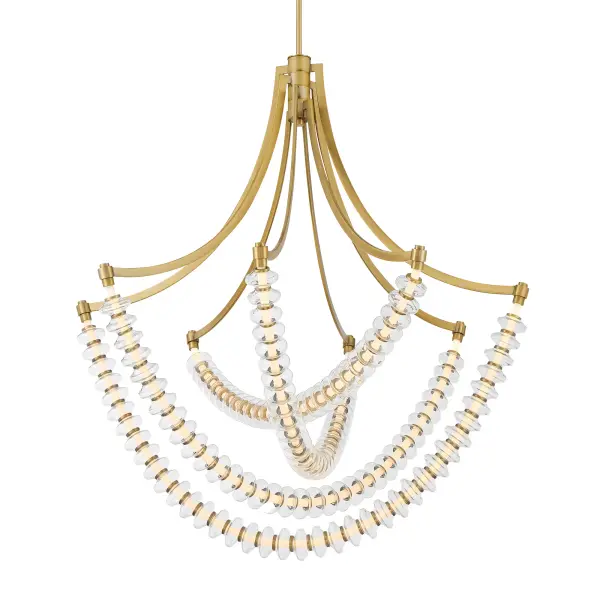 The Pearl chandelier combines contemporary design with timeless brass elegance. At nearly 40 inches wide, this integrated LED fixture delivers 2700 lumens of dimmable, high-CRI light through clear glass elements, perfect for grand dining spaces.