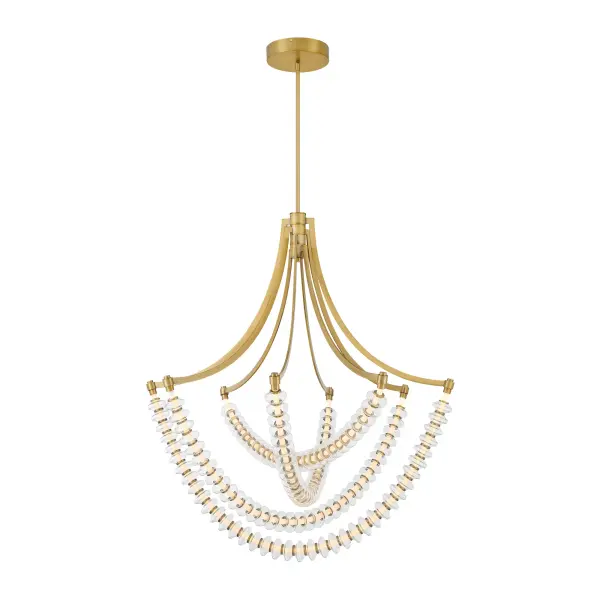 The Pearl chandelier combines contemporary design with timeless brass elegance. At nearly 40 inches wide, this integrated LED fixture delivers 2700 lumens of dimmable, high-CRI light through clear glass elements, perfect for grand dining spaces. - alternate view