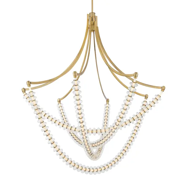 The Pearl chandelier makes a bold statement with its nearly 50-inch span and integrated LED technology. The Legacy Brass finish paired with clear glass creates a sophisticated look perfect for large spaces.