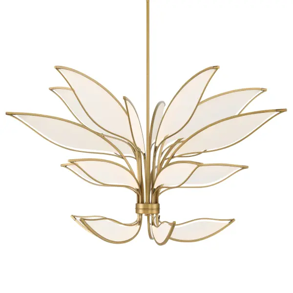 The Papilio 46" LED Chandelier combines contemporary design with warm Legacy Brass finish and energy-efficient integrated LED technology. Its substantial 46-inch linear profile makes a bold statement over dining tables and kitchen islands.
