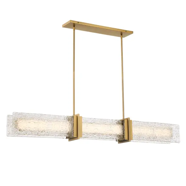 The Lumina 52" LED Island Light combines modern linear design with warm Legacy Brass finish and textured glass. High-output 3000 lumens with excellent 90 CRI provides beautiful task lighting for kitchen islands and dining tables.