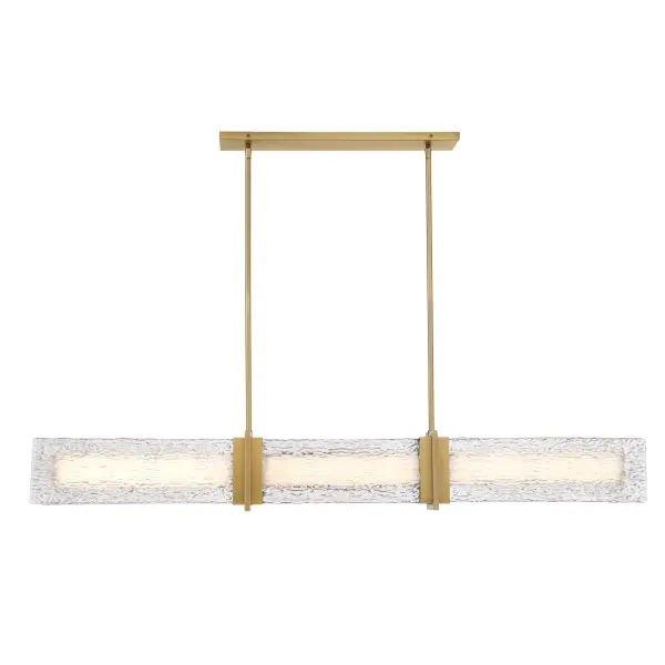 The Lumina 52" LED Island Light combines modern linear design with warm Legacy Brass finish and textured glass. High-output 3000 lumens with excellent 90 CRI provides beautiful task lighting for kitchen islands and dining tables. - alternate view