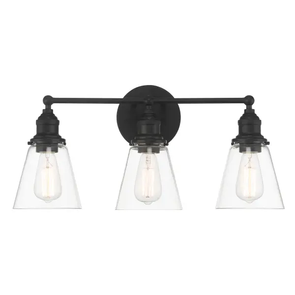 The Barwell vanity light combines traditional styling with modern functionality. Its 24-inch width makes it ideal for medium to large bathroom vanities, while the coal black finish adds sophisticated contrast. - alternate view