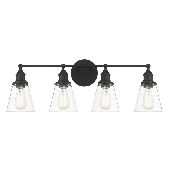 The Barwell 4-Light Vanity combines traditional styling with a striking coal black finish. At 33 inches wide, it's ideal for double vanities and master bathrooms, offering ample illumination with four ST58 bulbs behind clear glass shades.