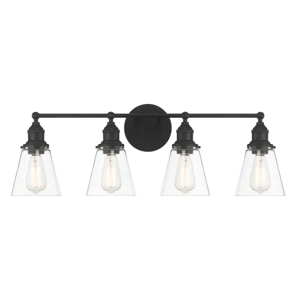 The Barwell 4-Light Vanity combines traditional styling with a striking coal black finish. At 33 inches wide, it's ideal for double vanities and master bathrooms, offering ample illumination with four ST58 bulbs behind clear glass shades. - alternate view