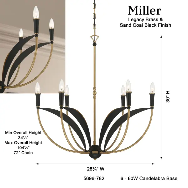 Miller 28.25" 6-Light Chandelier in Legacy Brass - Image 3