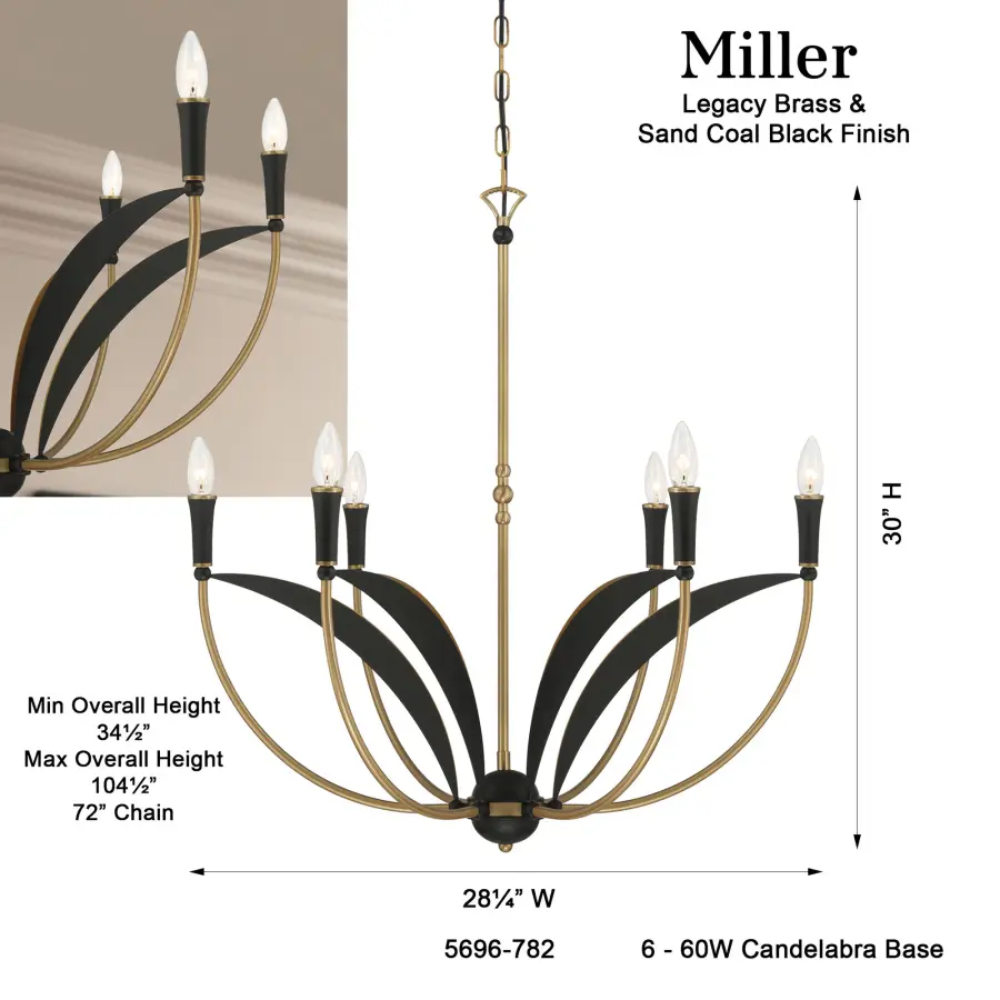 Miller 28.25" 6-Light Chandelier in Legacy Brass - Image 3