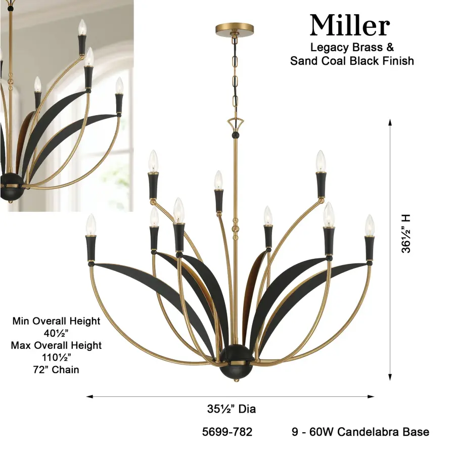 Miller 35.5" 9-Light Chandelier in Legacy Brass - Image 3