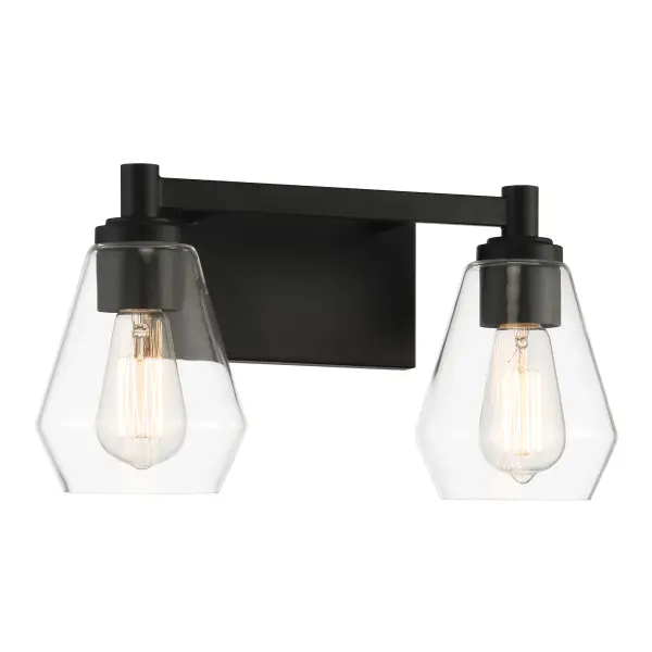 The Clarity 2-Light Bath Vanity combines minimalist design with practical functionality. Its coal black finish and reversible clear glass shades create a sophisticated look perfect for contemporary bathrooms.