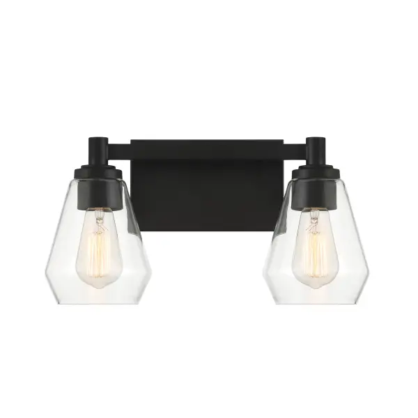 The Clarity 2-Light Bath Vanity combines minimalist design with practical functionality. Its coal black finish and reversible clear glass shades create a sophisticated look perfect for contemporary bathrooms. - alternate view
