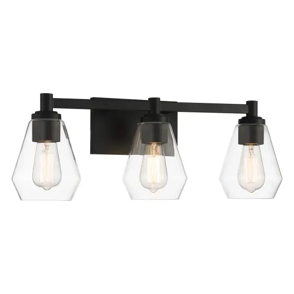 The Clarity 3-Light Bath Vanity combines contemporary design with practical functionality. Its coal black finish and clear glass shades create a sophisticated look perfect for modern bathrooms.