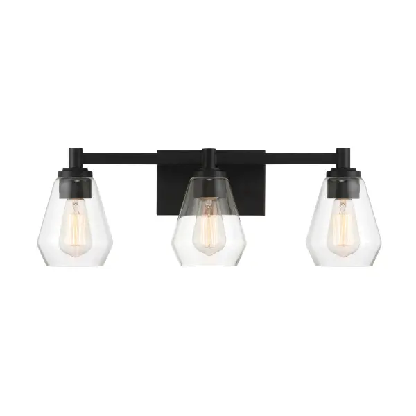 The Clarity 3-Light Bath Vanity combines contemporary design with practical functionality. Its coal black finish and clear glass shades create a sophisticated look perfect for modern bathrooms. - alternate view