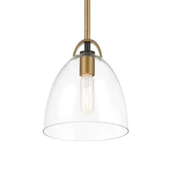 The Sommersby 7" pendant combines Legacy Brass and Matte Black finishes with clear glass for a sophisticated transitional look. Its compact 7-inch size makes it perfect for smaller spaces or grouped installations.
