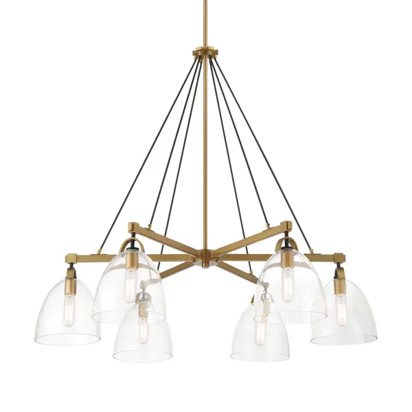 The Sommersby 36" chandelier combines warm Legacy Brass with modern Matte Black accents for a refined transitional look. Six candelabra lights with clear glass shades provide ample illumination while the substantial 36-inch width makes a statement over dining tables and kitchen islands.